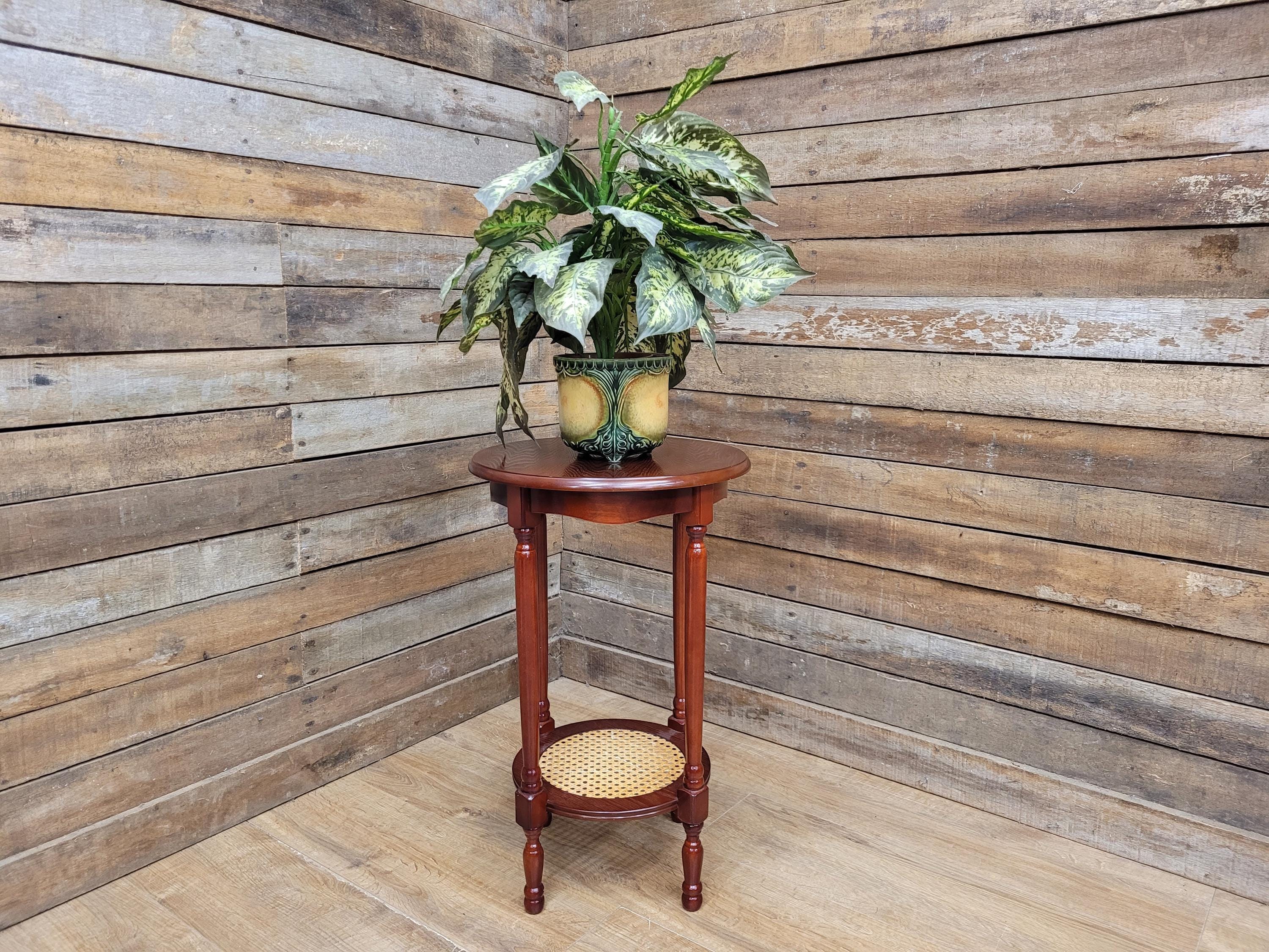 Mahogany Effect Two Tier Plant Stand Side Table Bergere Rattan Shelf