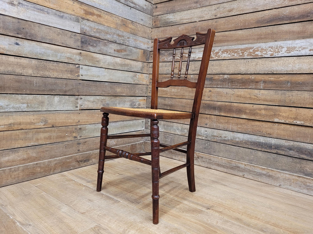 Antique Mahogany Carved Spindle Back Bergere Rattan Seat Hall Bedroom Chair