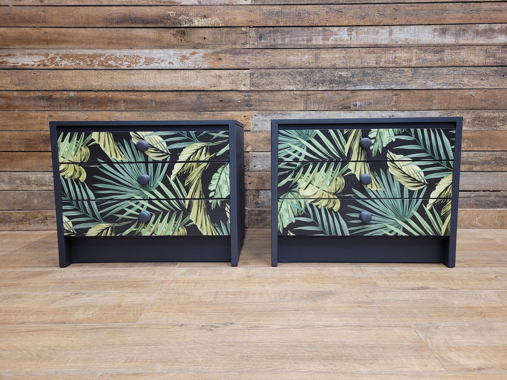 Pair of Hand-Painted Bedside Tables in Fusion Ash with Tropical Leaf Design