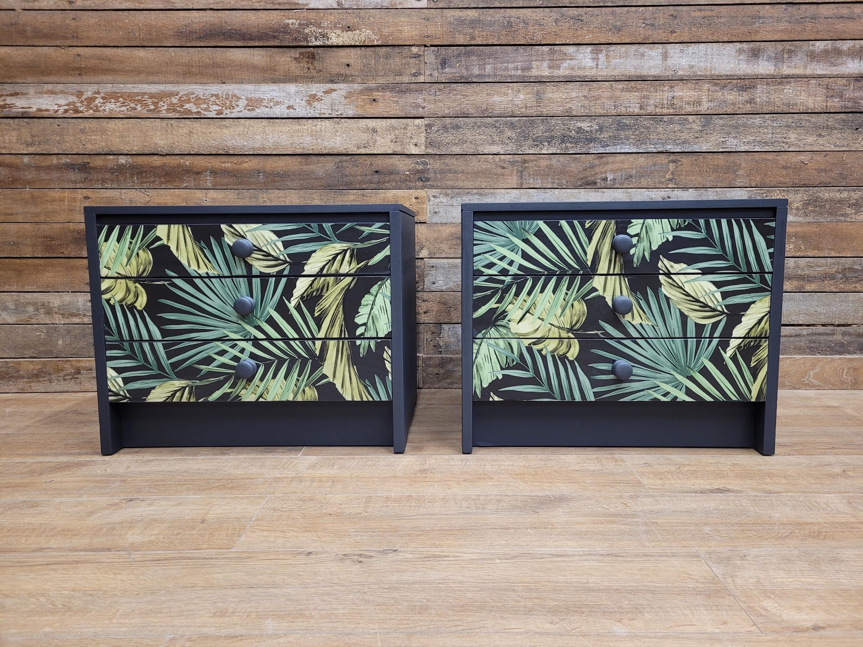 Pair of Hand-Painted Bedside Tables in Fusion Ash with Tropical Leaf Design