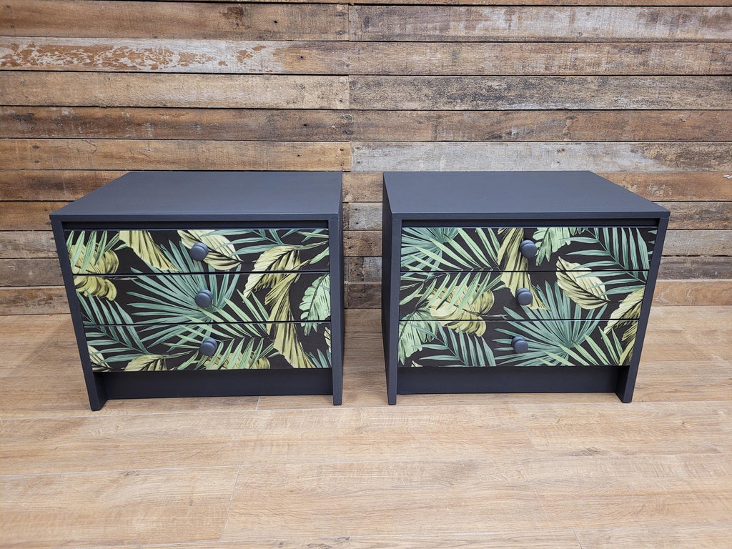 Pair of Hand-Painted Bedside Tables in Fusion Ash with Tropical Leaf Design