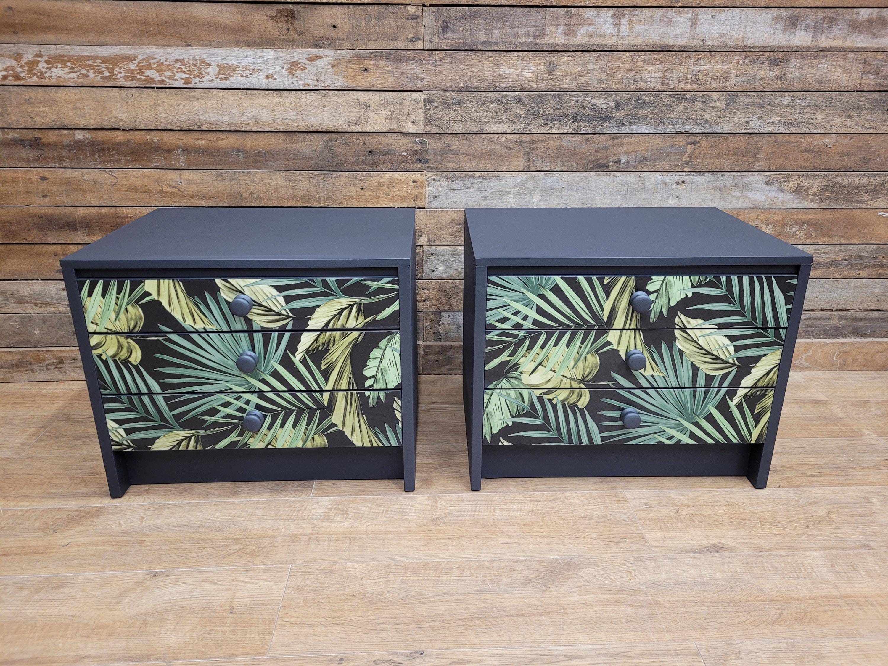 Pair of Hand-Painted Bedside Tables in Fusion Ash with Tropical Leaf Design