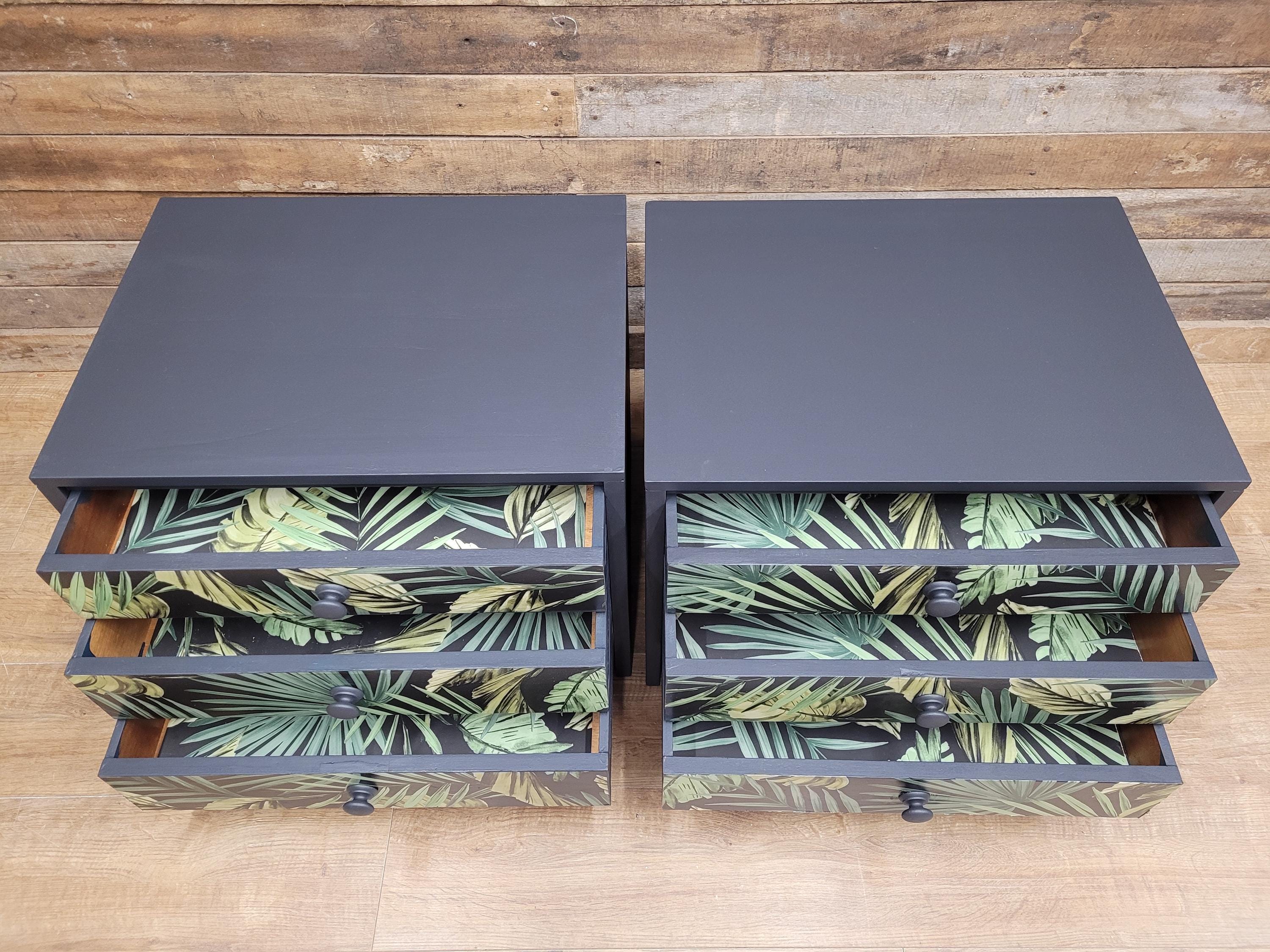 Pair of Hand-Painted Bedside Tables in Fusion Ash with Tropical Leaf Design