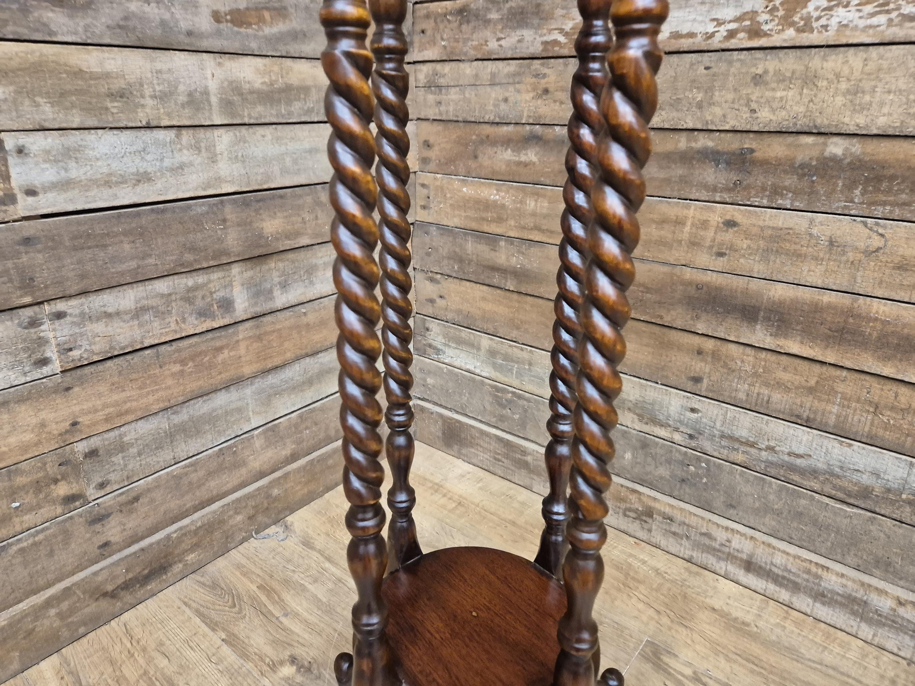 Antique Two Tier Mahogany Torchiere Jardiniere Plant Stand Barley Twist Feature