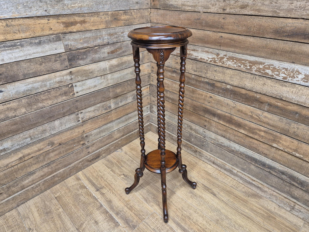 Antique Two Tier Mahogany Torchiere Jardiniere Plant Stand Barley Twist Feature