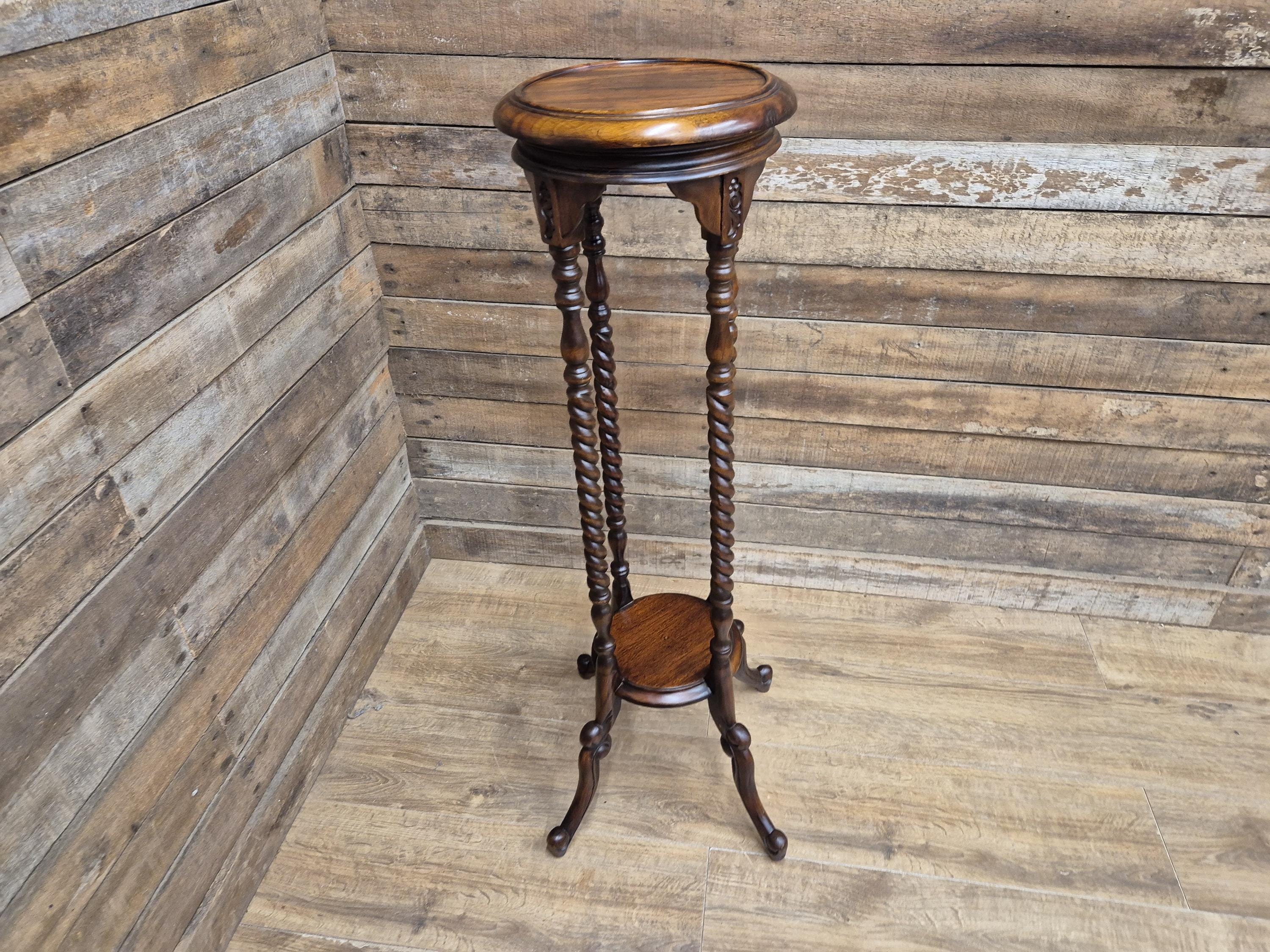 Antique Two Tier Mahogany Torchiere Jardiniere Plant Stand Barley Twist Feature