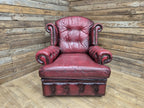 Vintage Button Backed Chesterfield Ox Blood Red Leather Wing Back Armchair