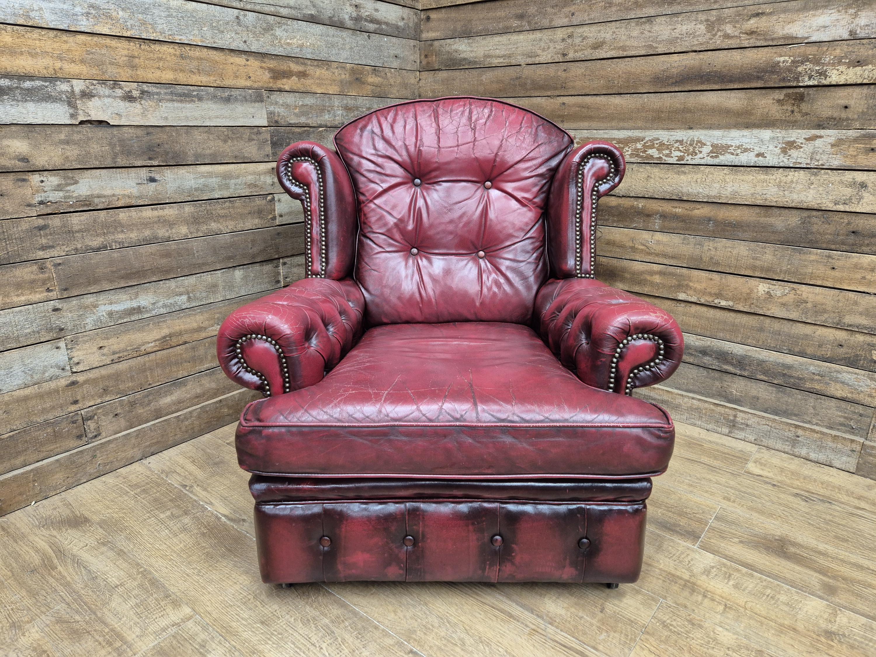 Vintage Button Backed Chesterfield Ox Blood Red Leather Wing Back Armchair