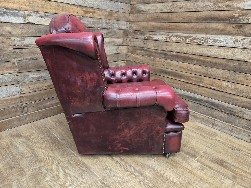Vintage Button Backed Chesterfield Ox Blood Red Leather Wing Back Armchair