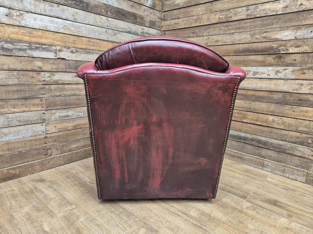 Vintage Button Backed Chesterfield Ox Blood Red Leather Wing Back Armchair