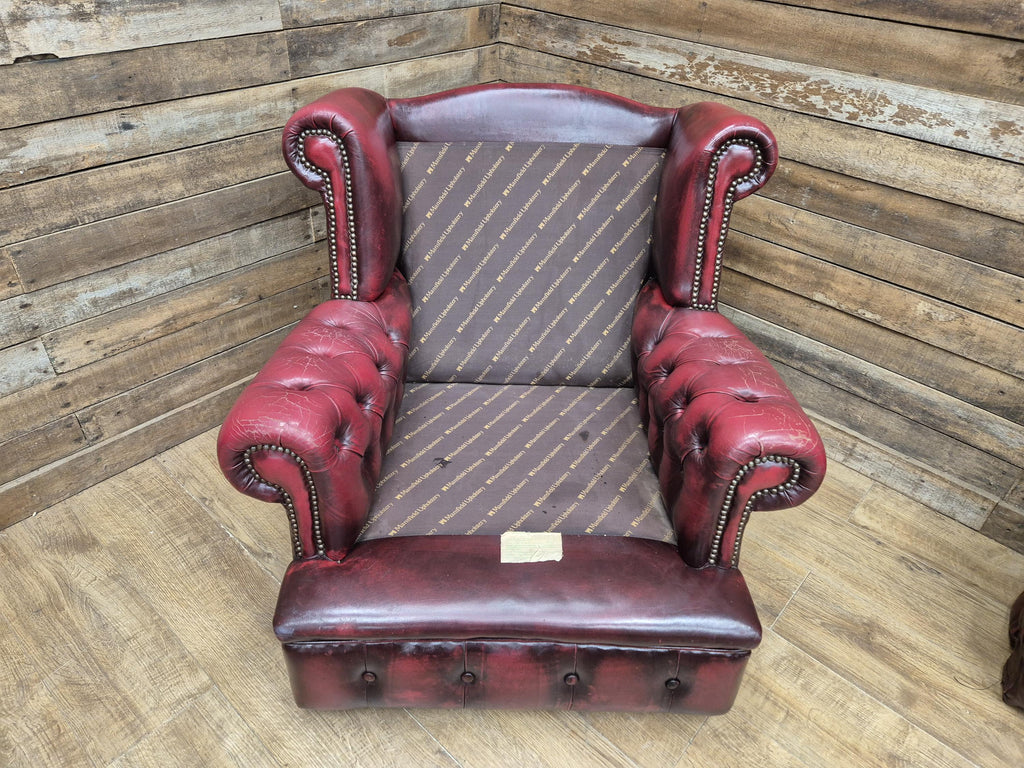 Vintage Button Backed Chesterfield Ox Blood Red Leather Wing Back Armchair