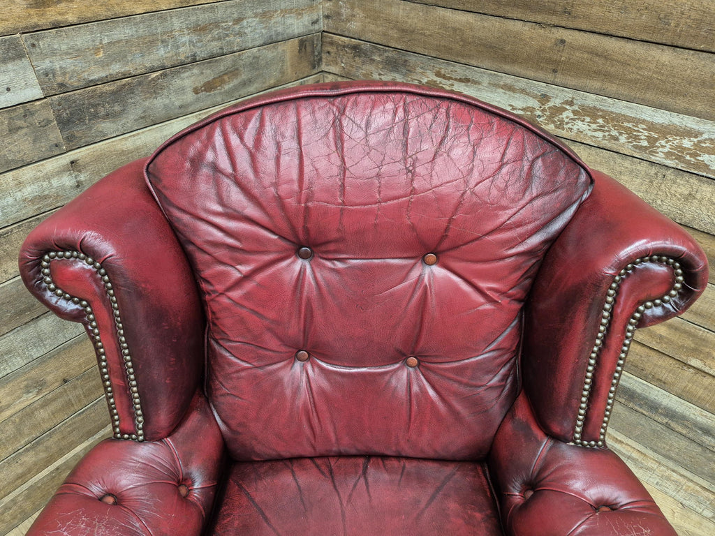 Vintage Button Backed Chesterfield Ox Blood Red Leather Wing Back Armchair