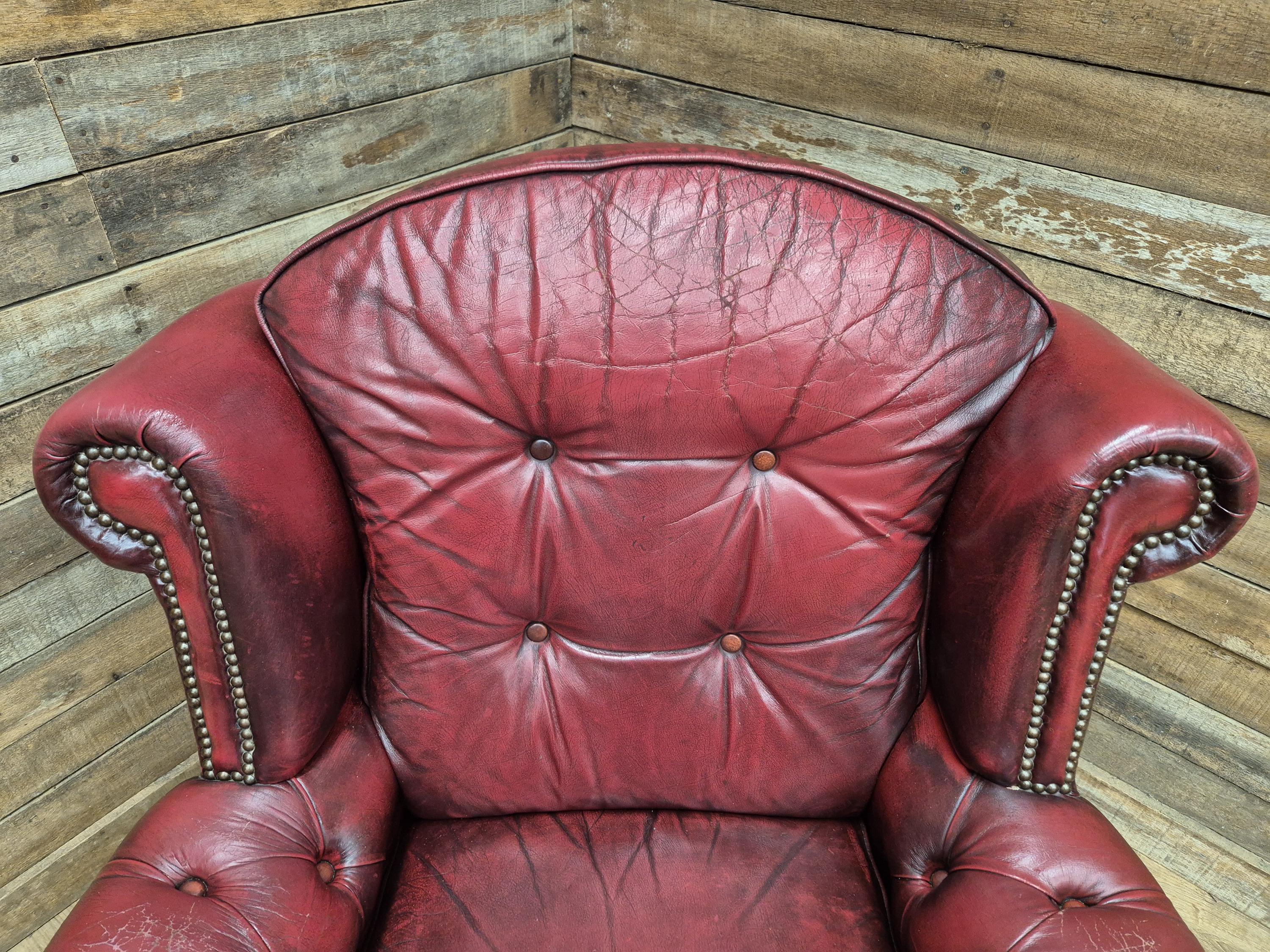 Vintage Button Backed Chesterfield Ox Blood Red Leather Wing Back Armchair