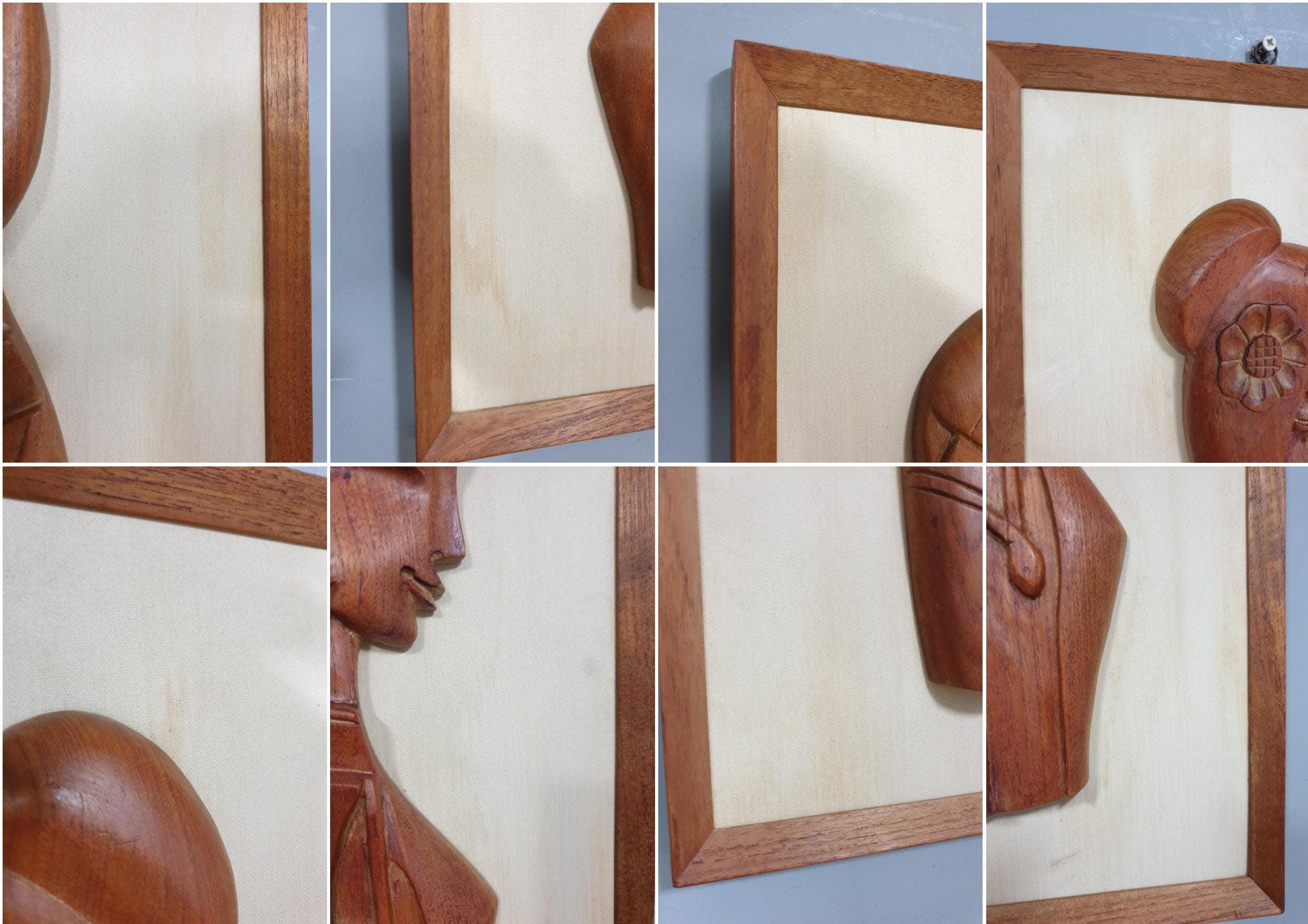 Mid Century Pair of Teak Wall Hangings Teak Framed Lady Figures Retro Chic