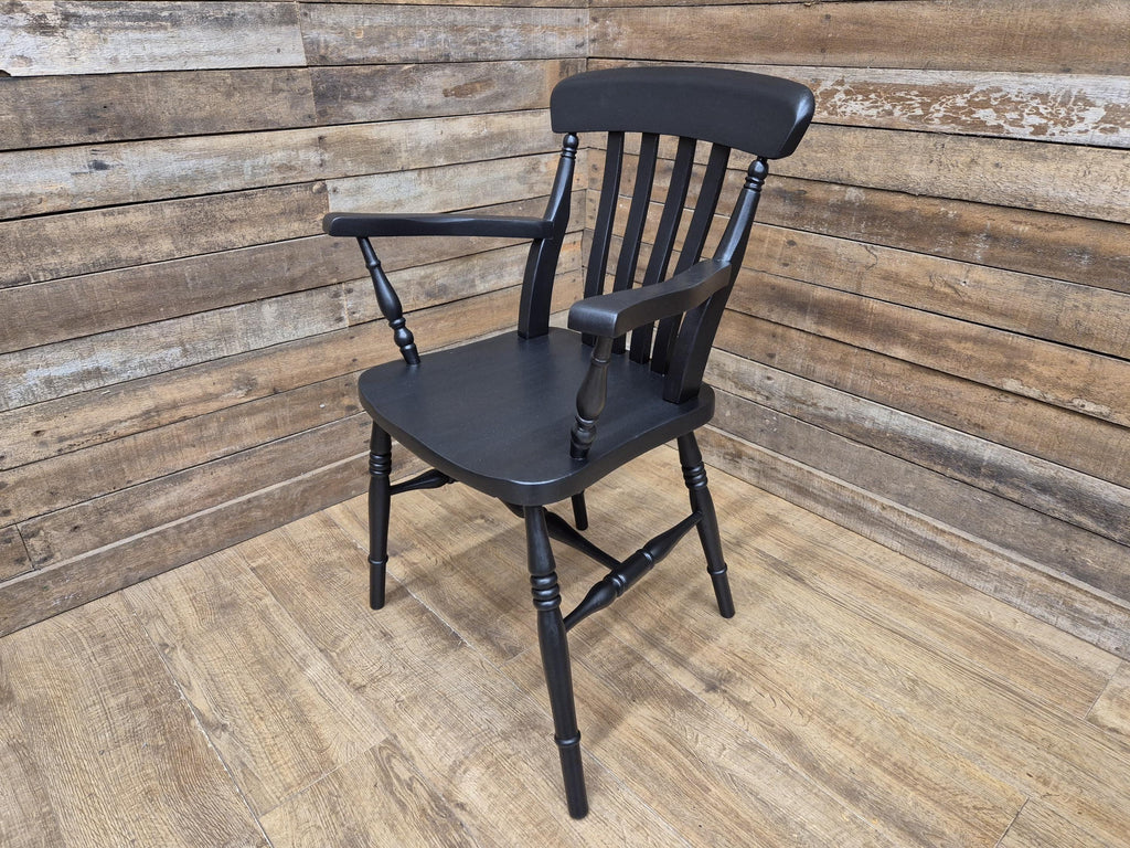 Vintage Country House Midnight Black Painted Lath Back Carver Windsor Chair