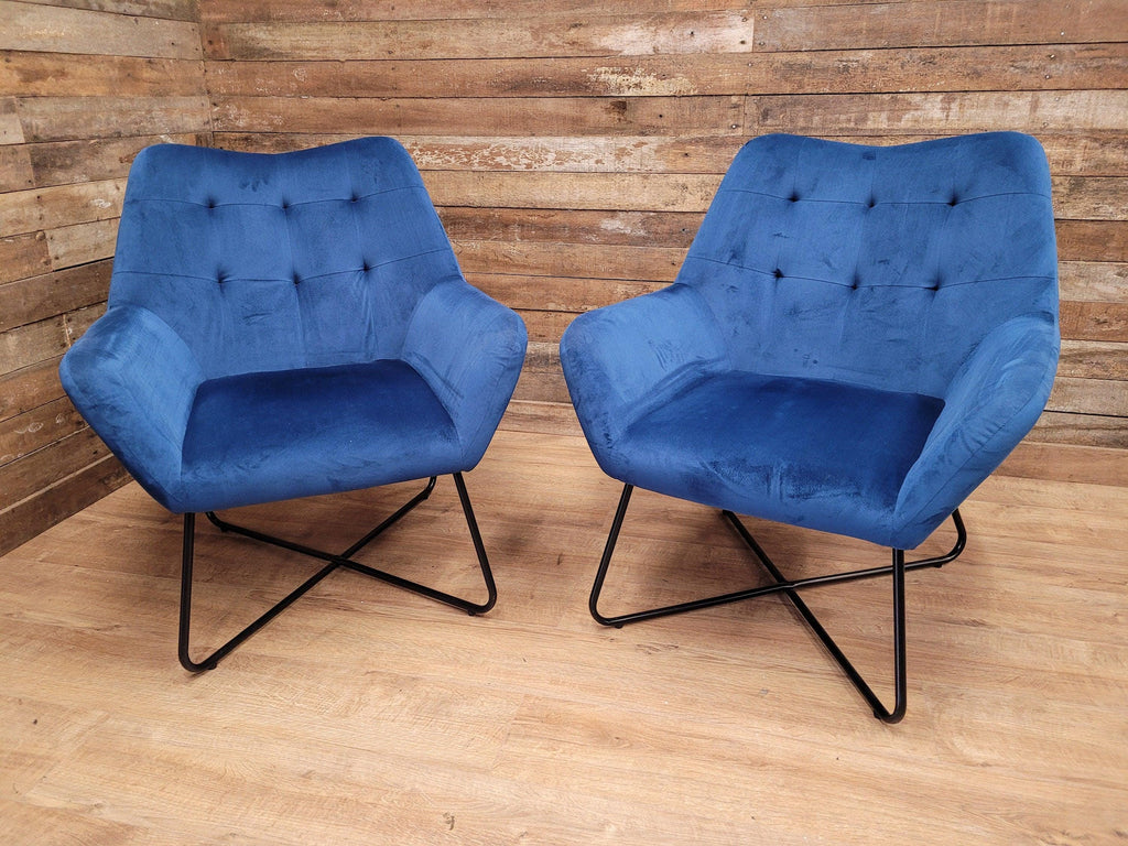 Two Blue Velvet Button Backed Armchairs Bedroom Chairs Retro Style