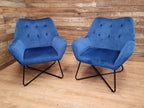 Two Blue Velvet Button Backed Armchairs Bedroom Chairs Retro Style