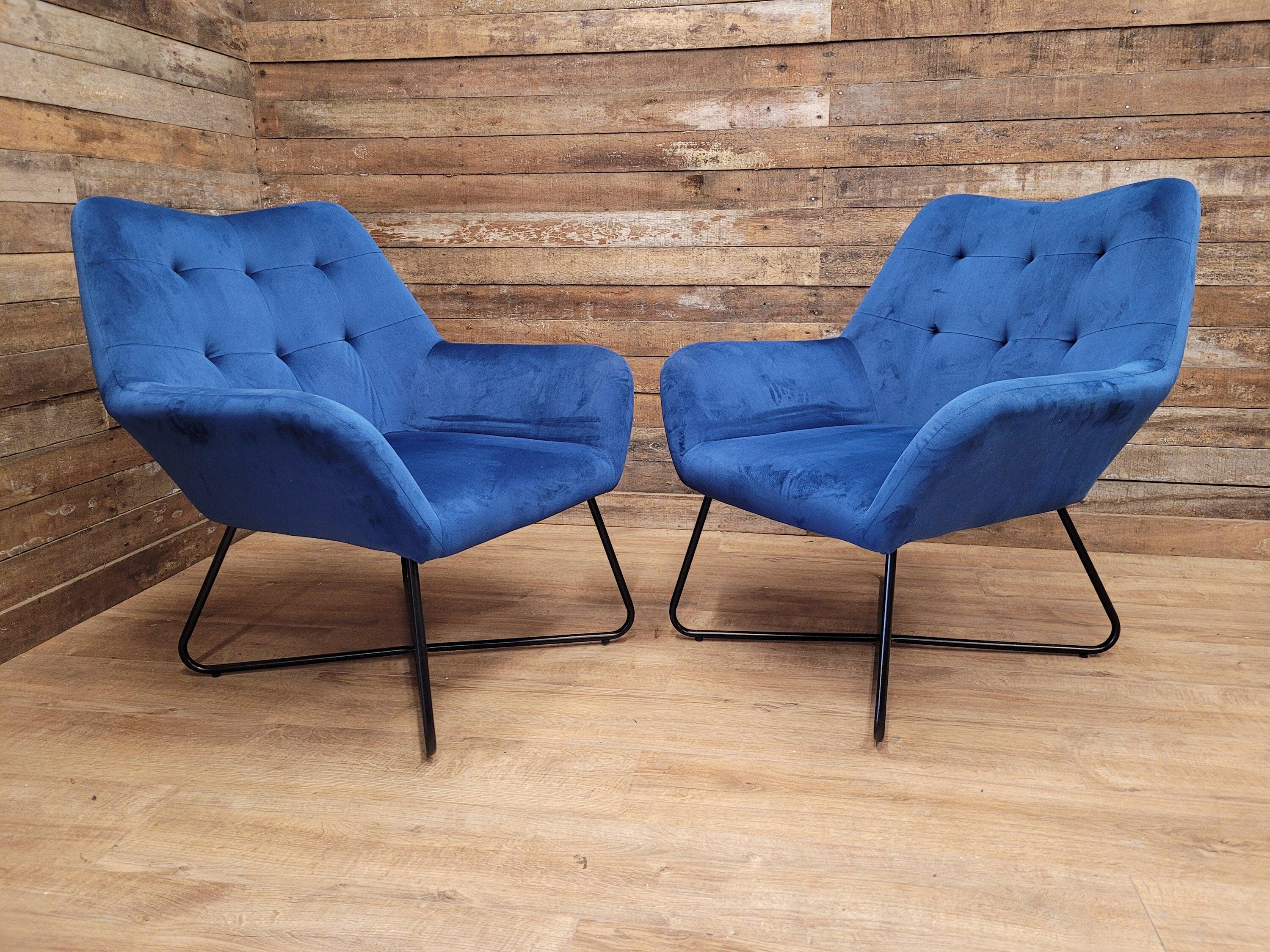 Two Blue Velvet Button Backed Armchairs Bedroom Chairs Retro Style