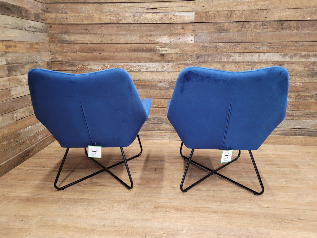 Two Blue Velvet Button Backed Armchairs Bedroom Chairs Retro Style