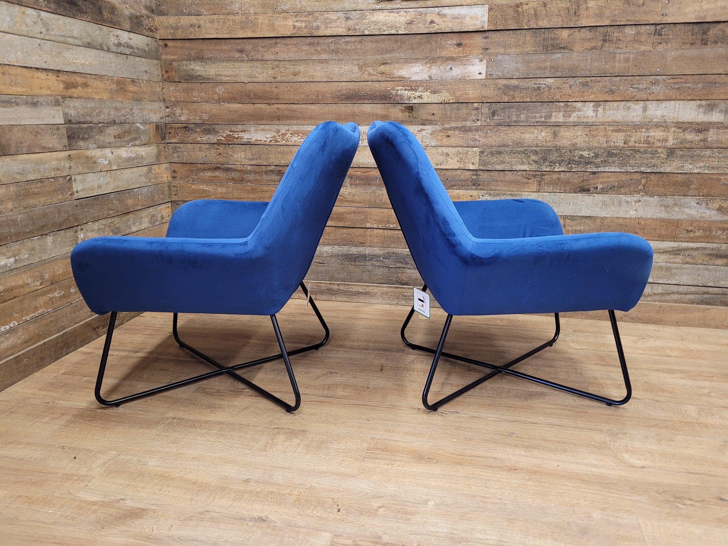 Two Blue Velvet Button Backed Armchairs Bedroom Chairs Retro Style