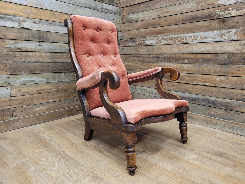 Antique Victorian Mahogany Button Back Armchair In Rust Fabric