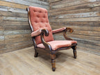 Antique Victorian Mahogany Button Back Armchair In Rust Fabric