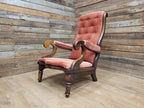 Antique Victorian Mahogany Button Back Armchair In Rust Fabric