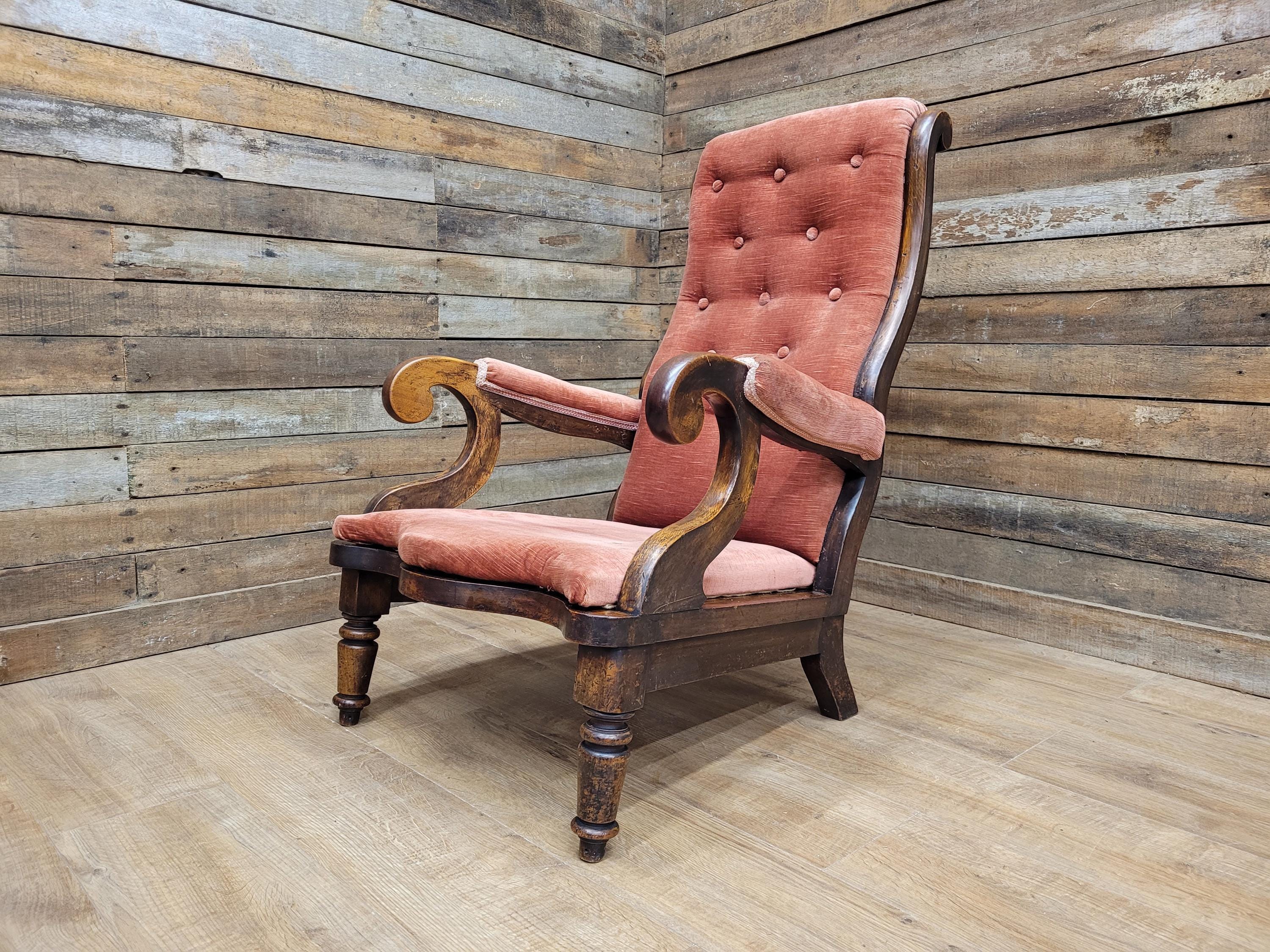 Antique Victorian Mahogany Button Back Armchair In Rust Fabric