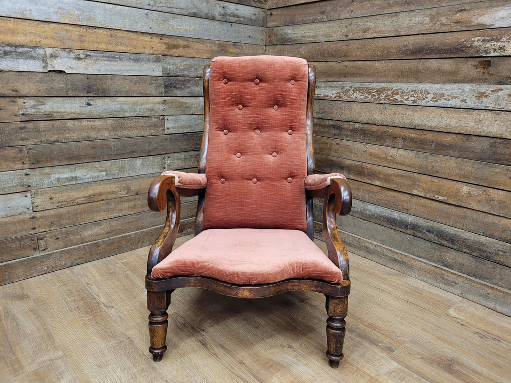 Antique Victorian Mahogany Button Back Armchair In Rust Fabric