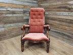 Antique Victorian Mahogany Button Back Armchair In Rust Fabric