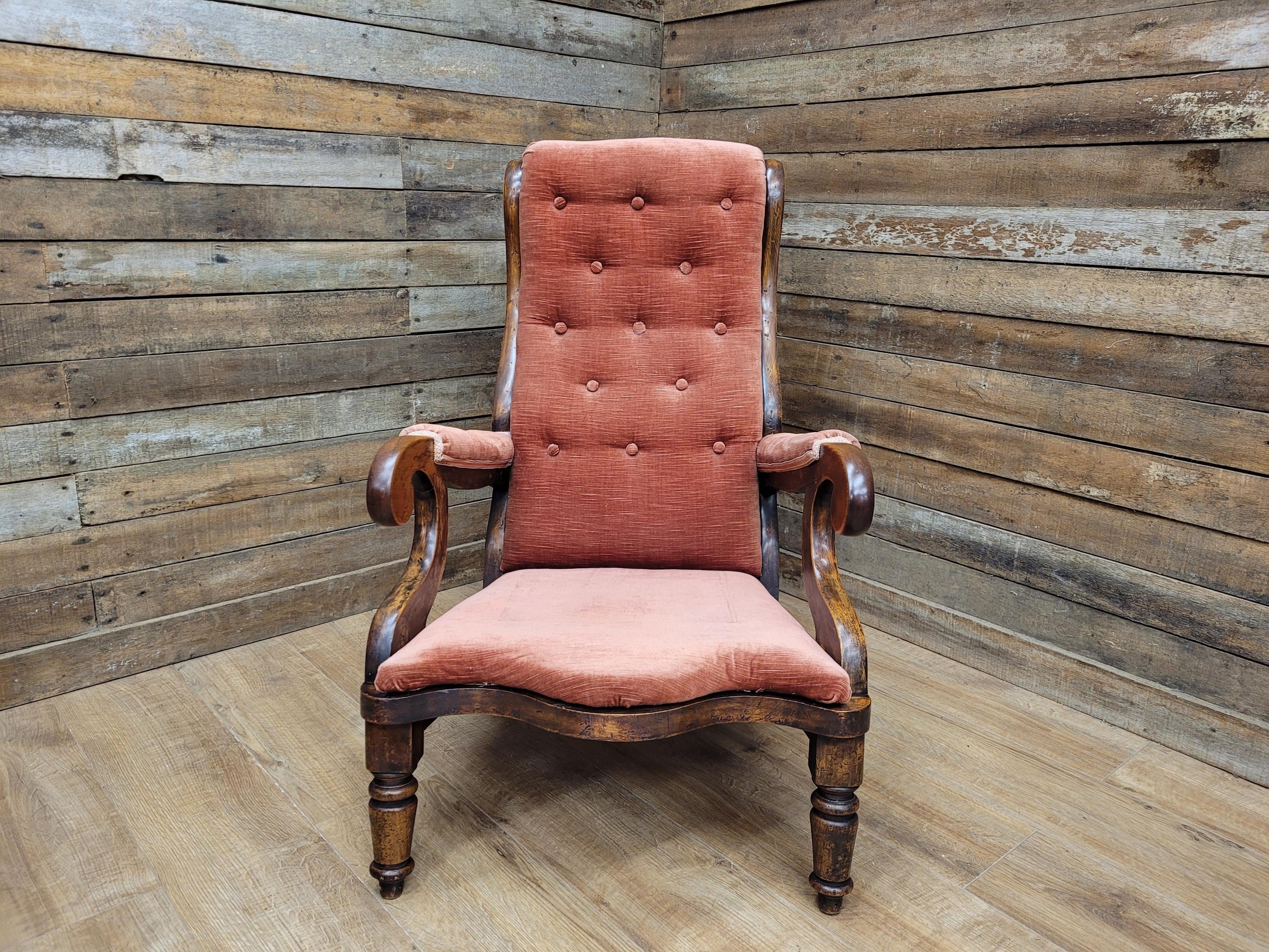 Antique Victorian Mahogany Button Back Armchair In Rust Fabric