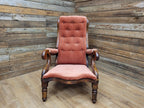 Antique Victorian Mahogany Button Back Armchair In Rust Fabric