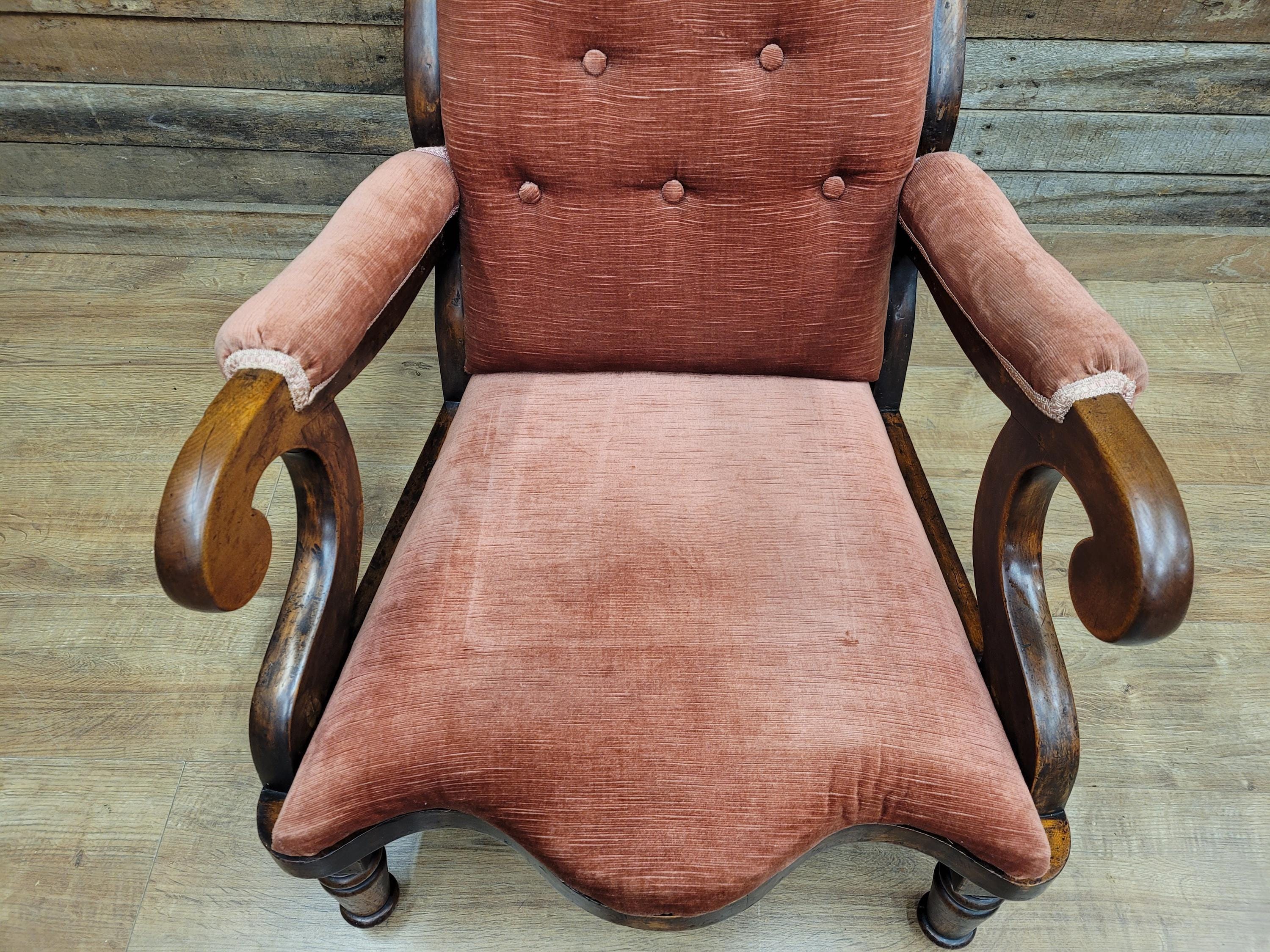 Antique Victorian Mahogany Button Back Armchair In Rust Fabric