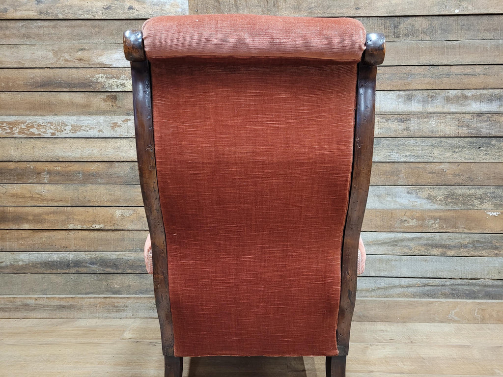 Antique Victorian Mahogany Button Back Armchair In Rust Fabric