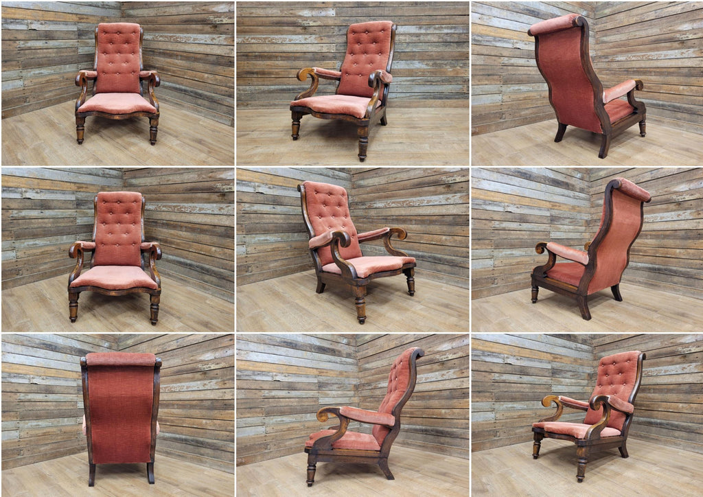 Antique Victorian Mahogany Button Back Armchair In Rust Fabric