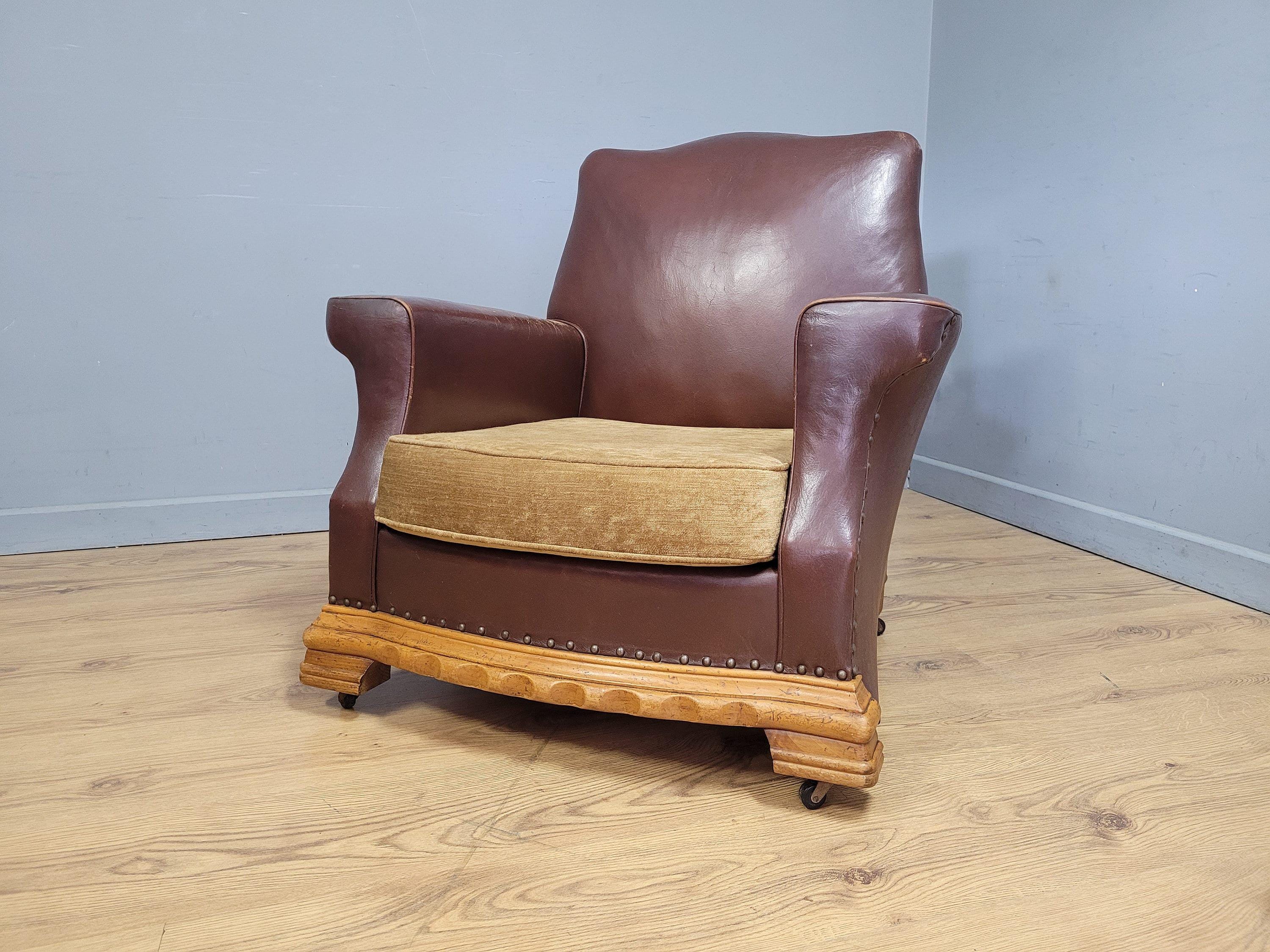 Vintage Brown Leather Tub Chair Club Armchair Distressed Art Deco Style