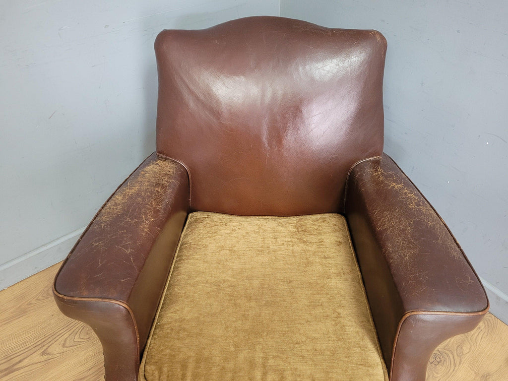 Vintage Brown Leather Tub Chair Club Armchair Distressed Art Deco Style