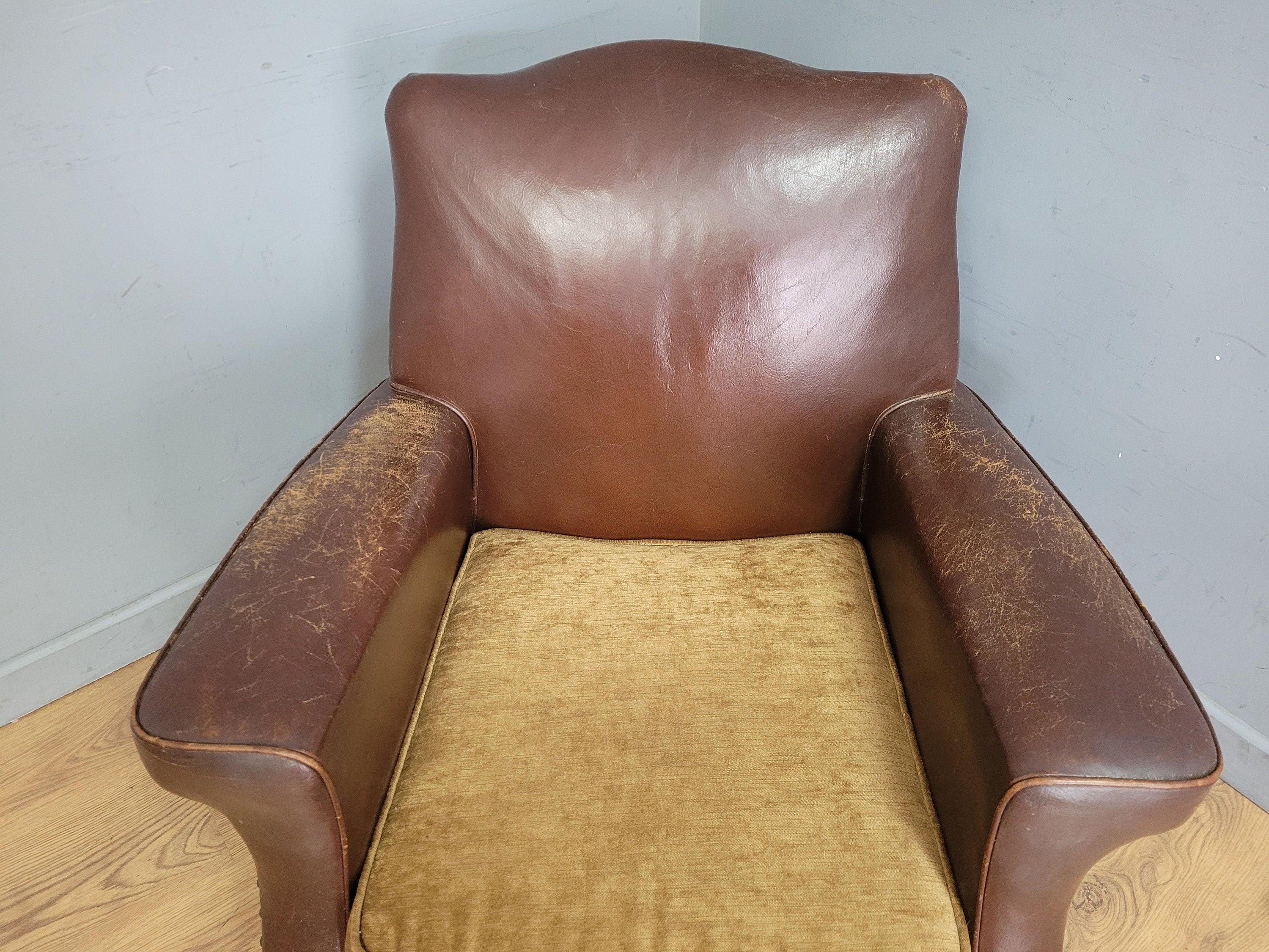 Vintage Brown Leather Tub Chair Club Armchair Distressed Art Deco Style