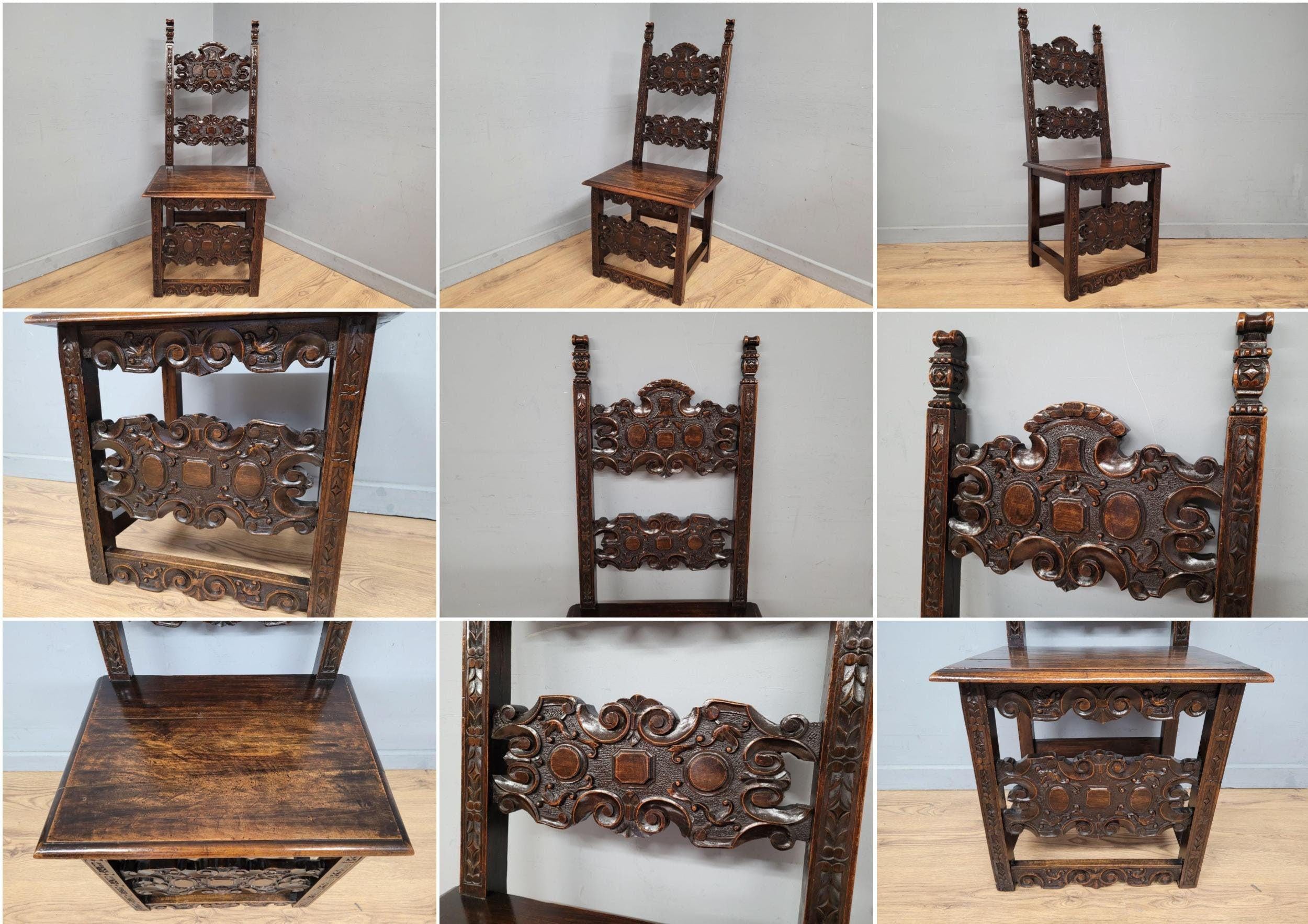 Antique 19thC Italian Carved Hall Chair Throne Renaissance Style