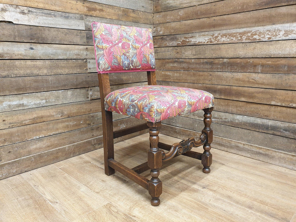 Antique William Morris Acanthus Fully Upholstered Oak Framed Chair Turned Legs