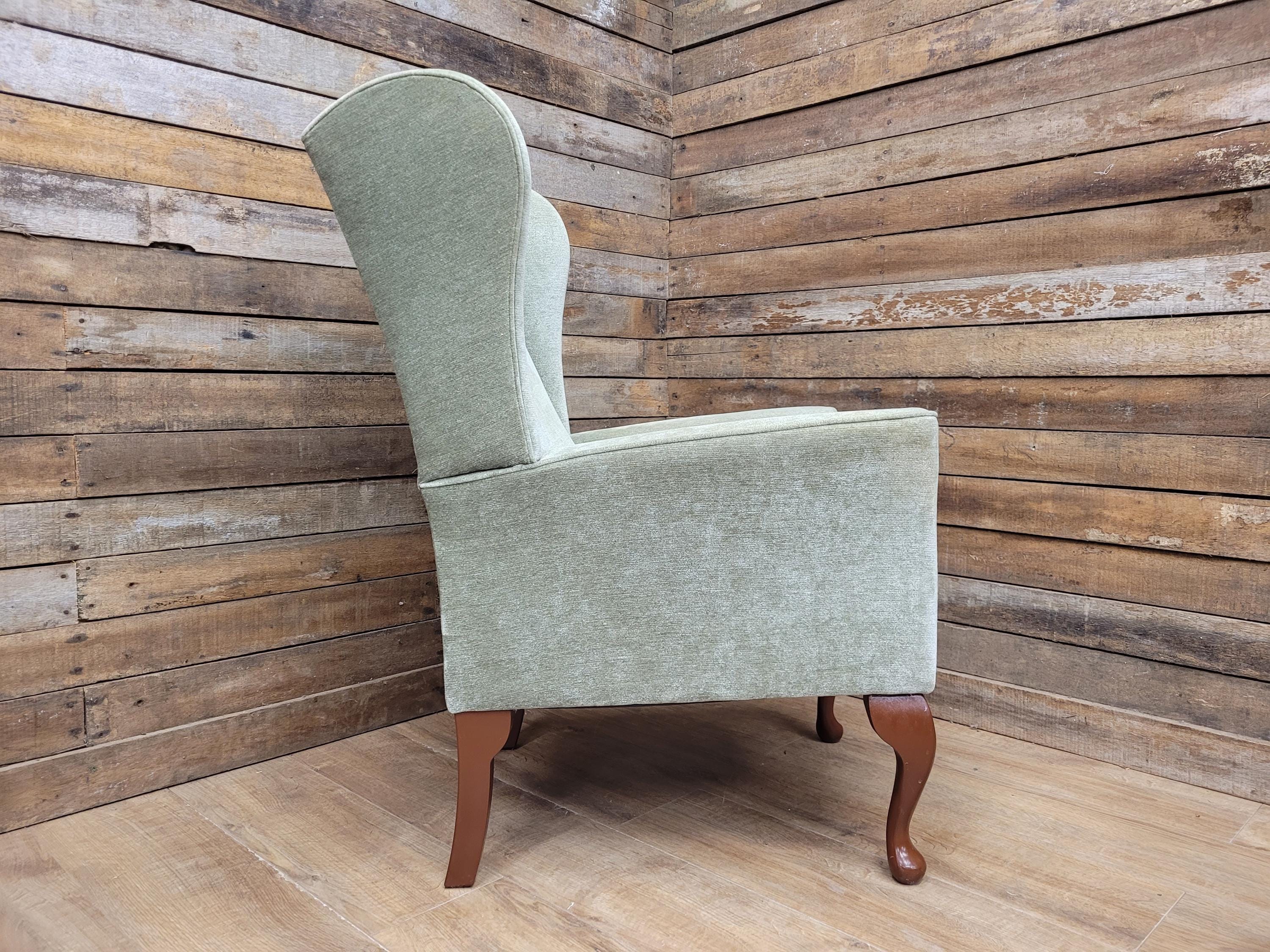 Vintage Petite Wingback Country House Green Armchair Queen Anne Legs