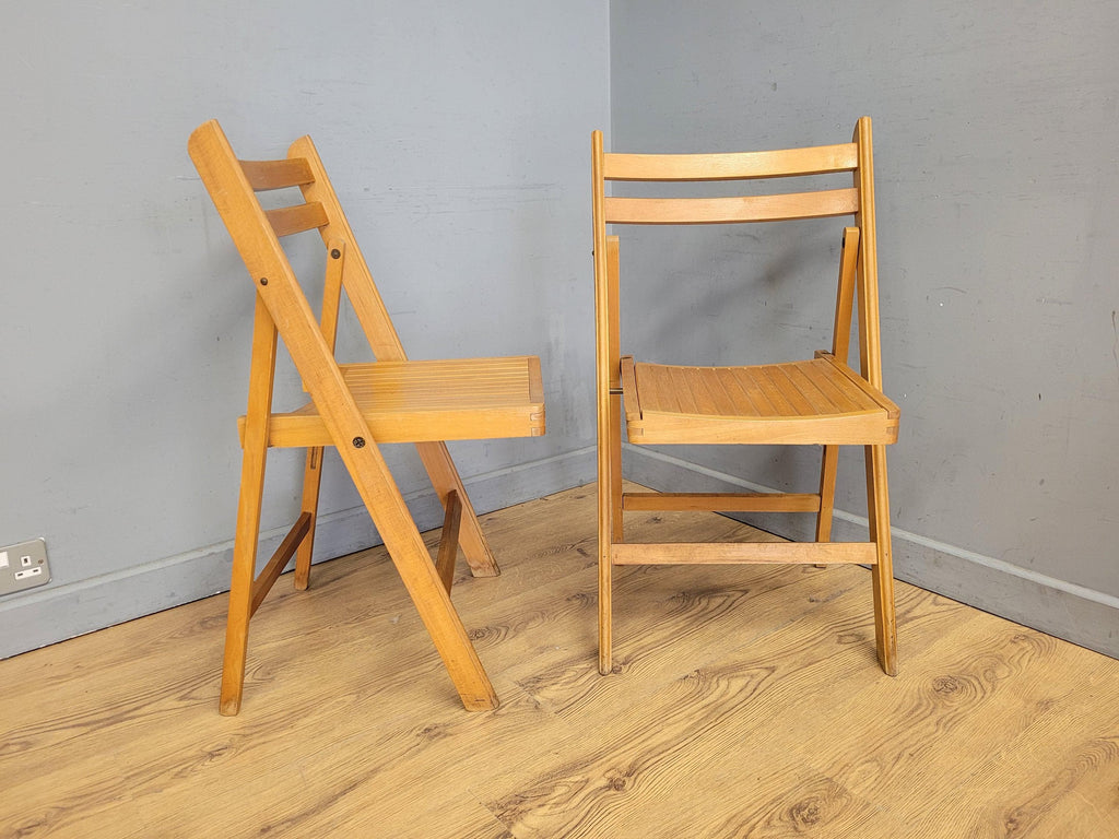 Two Mid Century Wooden Slatted Folding Chairs Space Saving