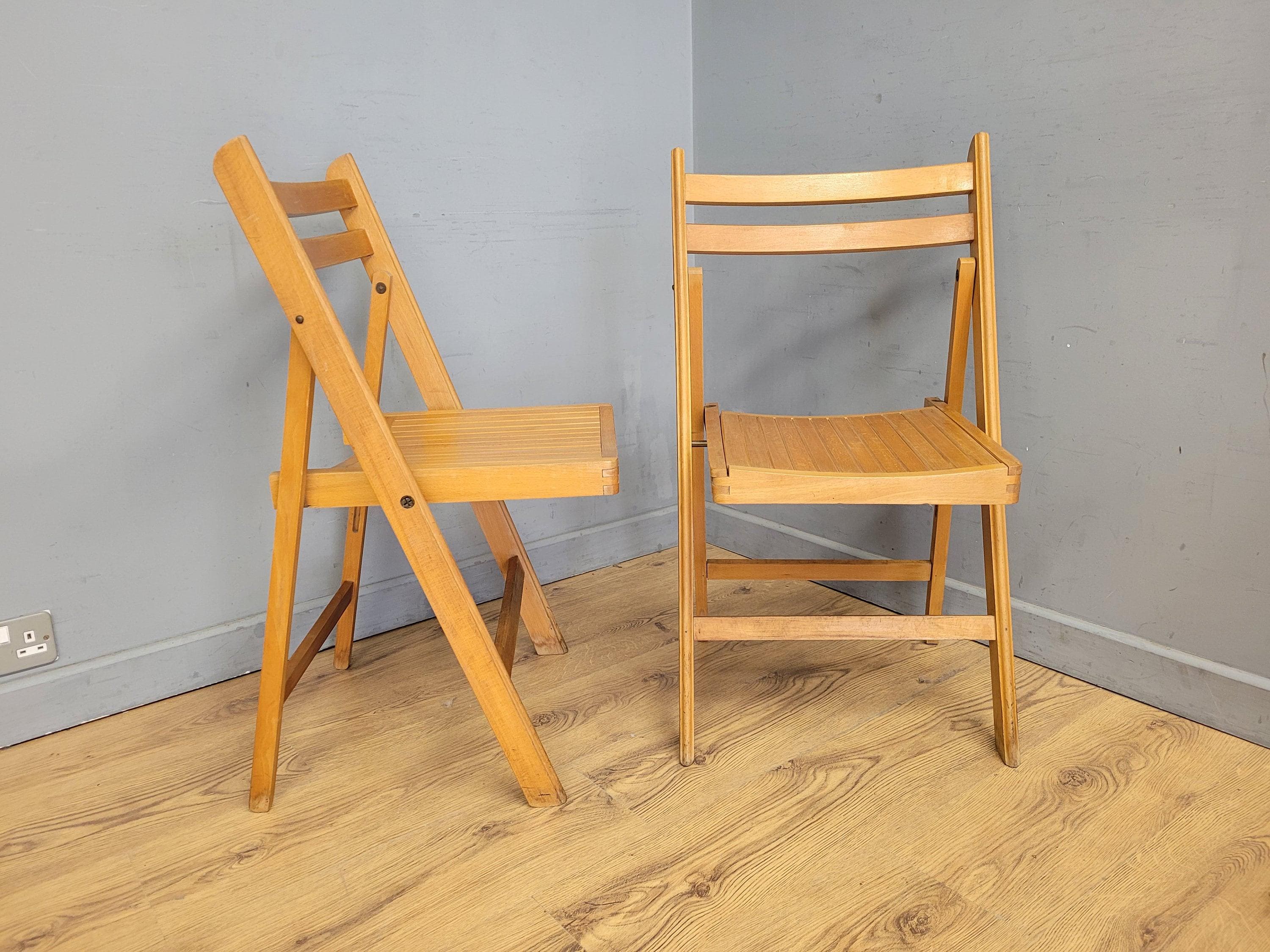 Two Mid Century Wooden Slatted Folding Chairs Space Saving