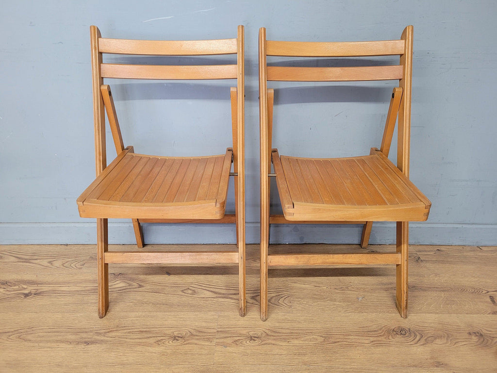 Two Mid Century Wooden Slatted Folding Chairs Space Saving