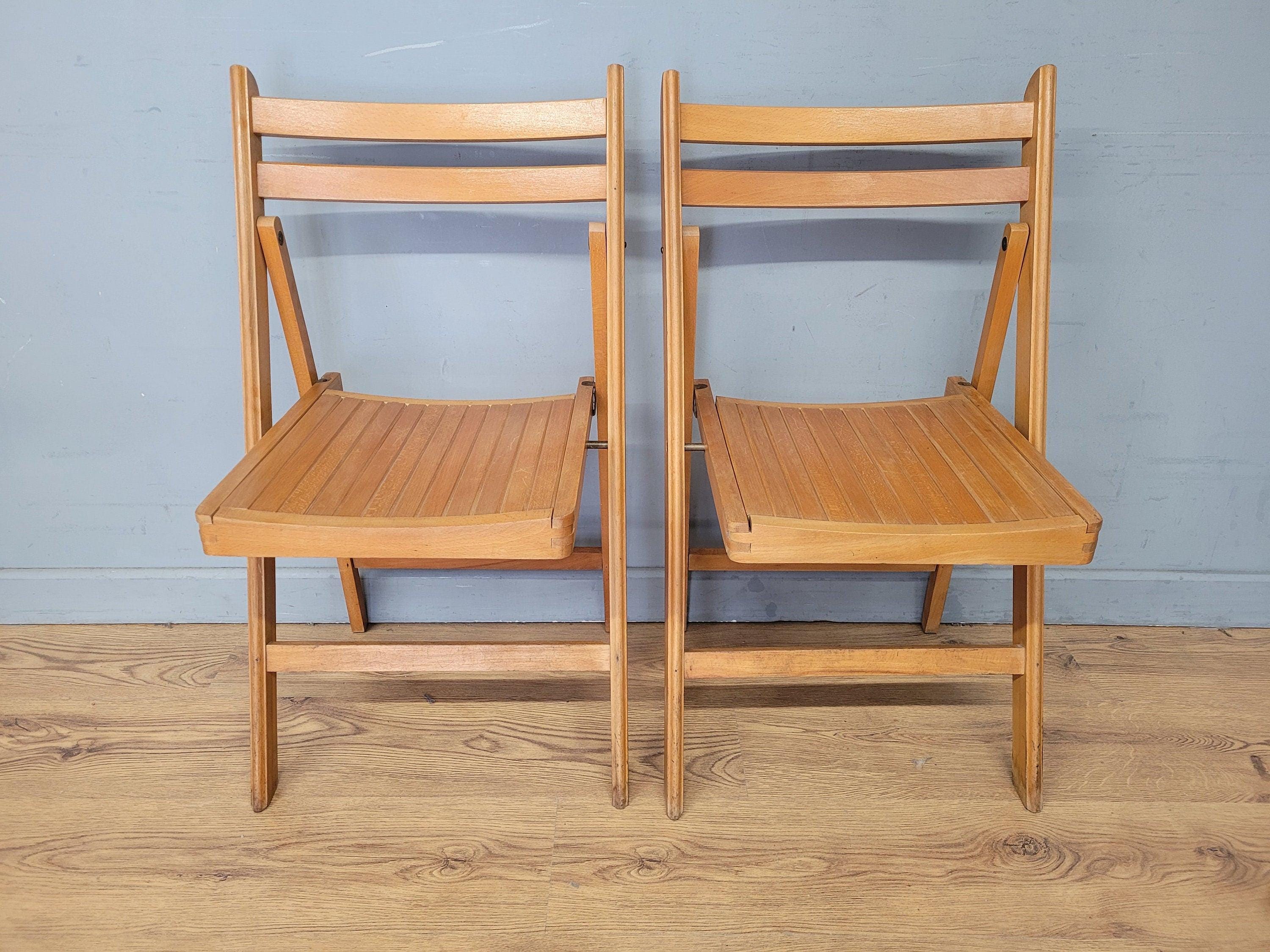 Two Mid Century Wooden Slatted Folding Chairs Space Saving