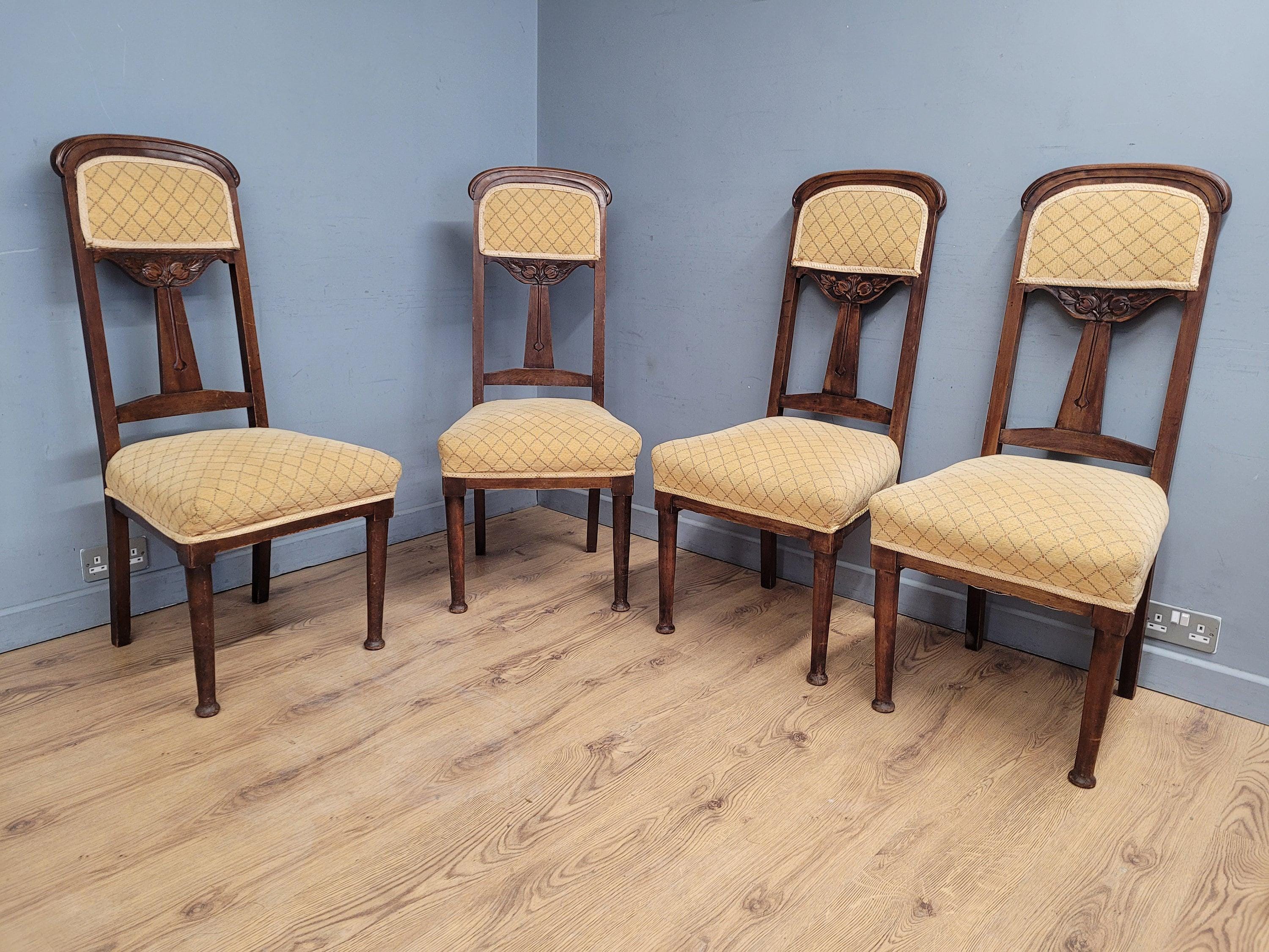 Four Vintage Art Nouveau Style Oak Dining Chairs Upholstered Seats and Backs
