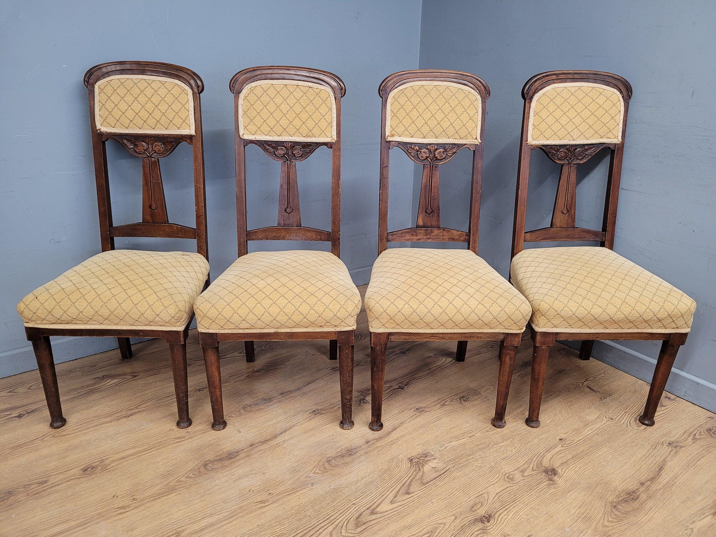 Four Vintage Art Nouveau Style Oak Dining Chairs Upholstered Seats and Backs