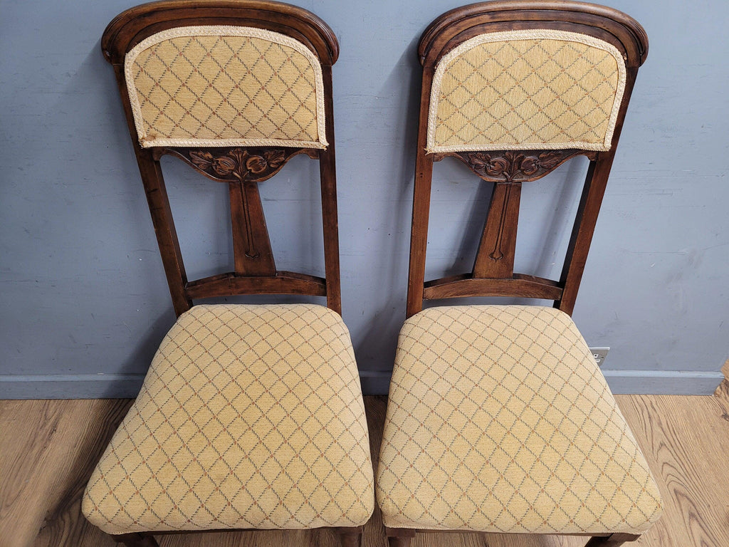 Four Vintage Art Nouveau Style Oak Dining Chairs Upholstered Seats and Backs