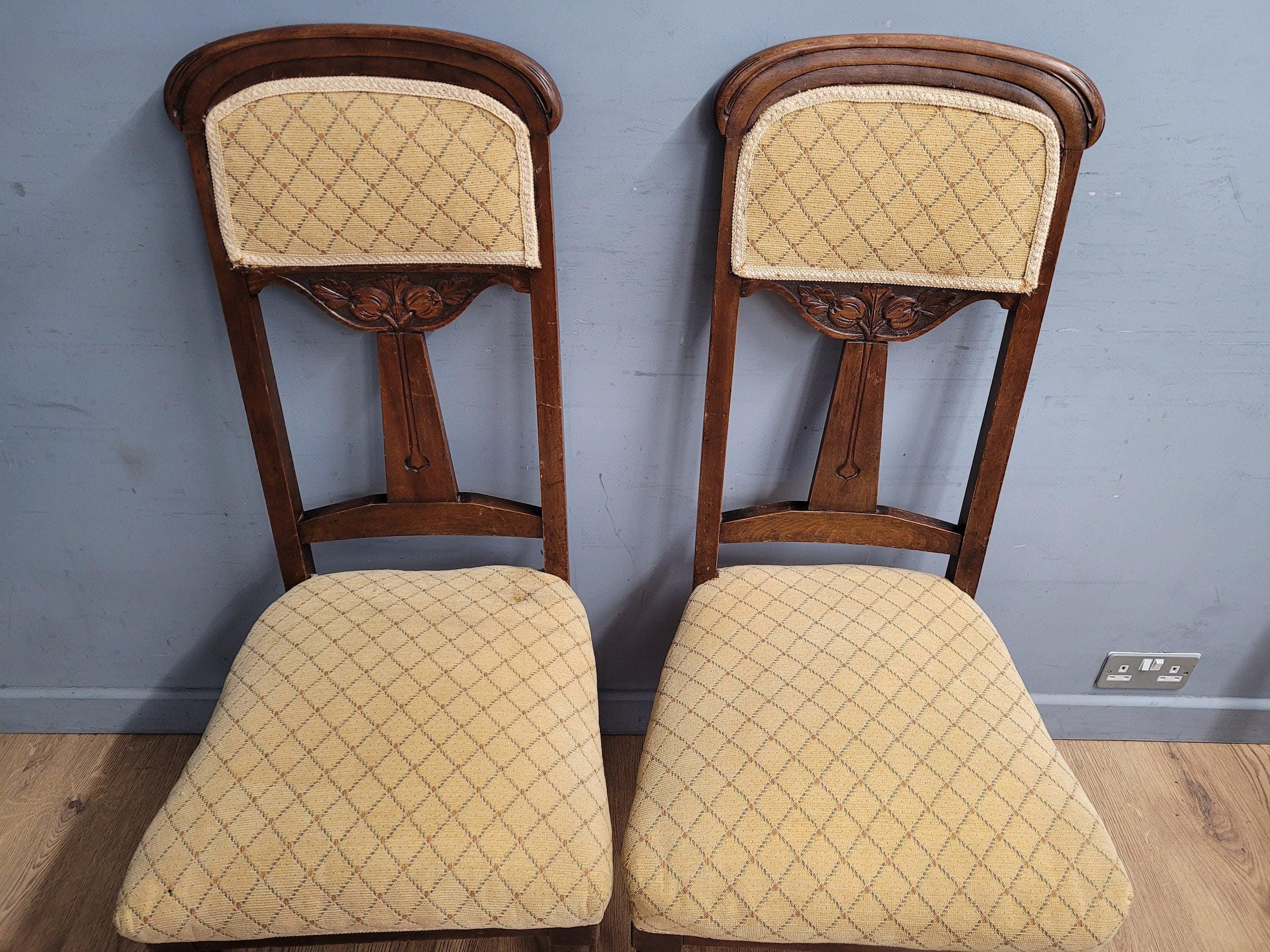 Four Vintage Art Nouveau Style Oak Dining Chairs Upholstered Seats and Backs