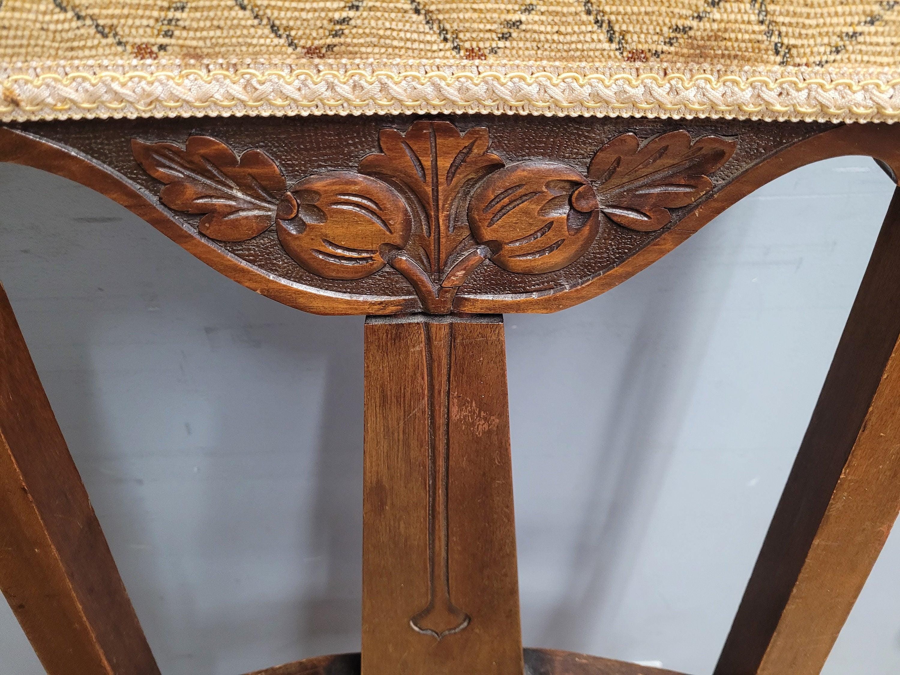 Four Vintage Art Nouveau Style Oak Dining Chairs Upholstered Seats and Backs
